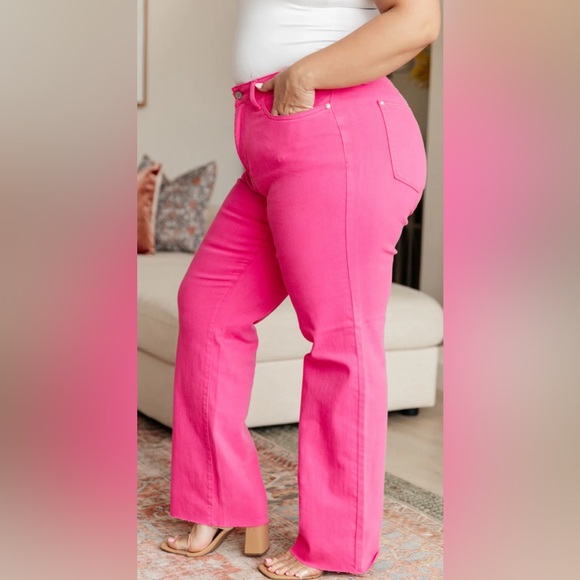 Judy Blue Size 24W High Waist Hot Pink Jeans Straight Leg Raw Hem Stretchy Comfy - Picture 2 of 14